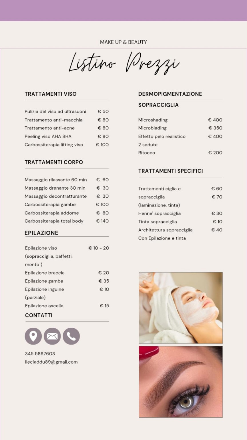Listino prezzi trattamenti viso corpo epilazione e dermopigmentazione